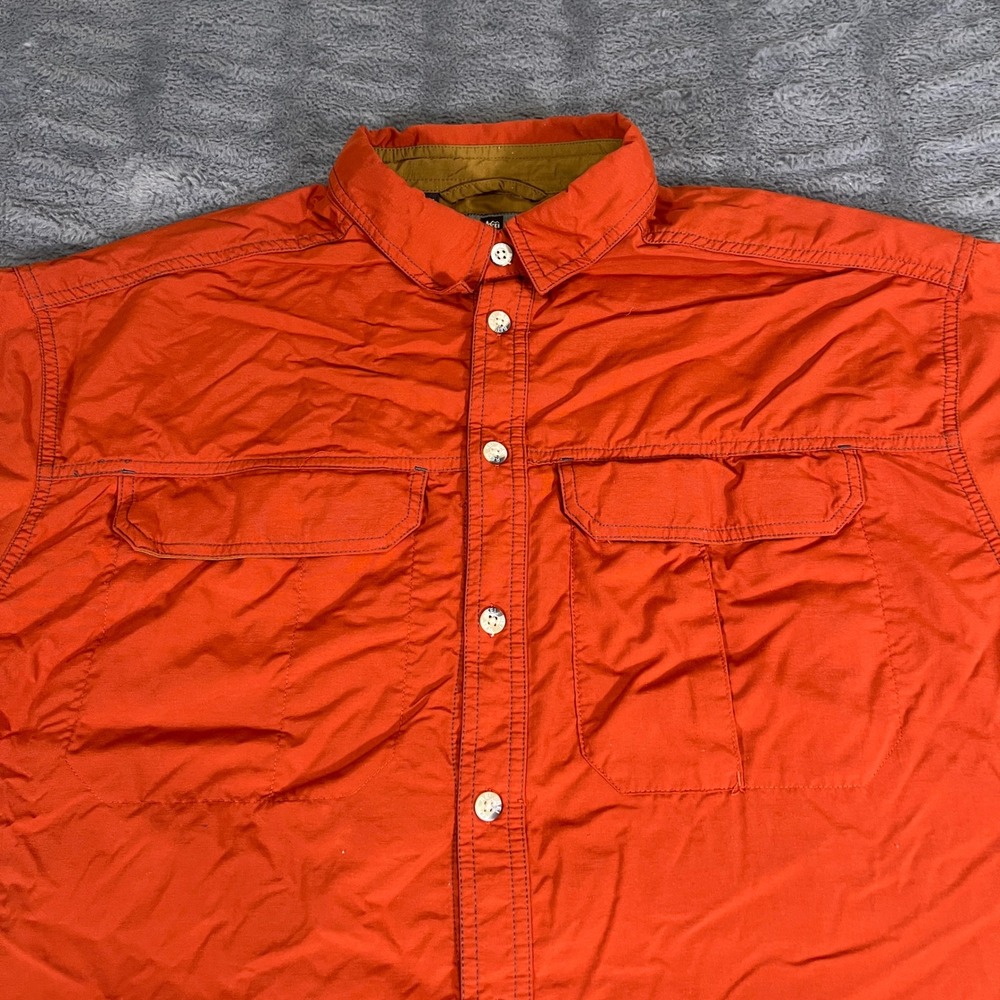 REI Sahara Men Large Burnt Orange Nylon Short Sleeve Vented Fishing Hiking Shirt